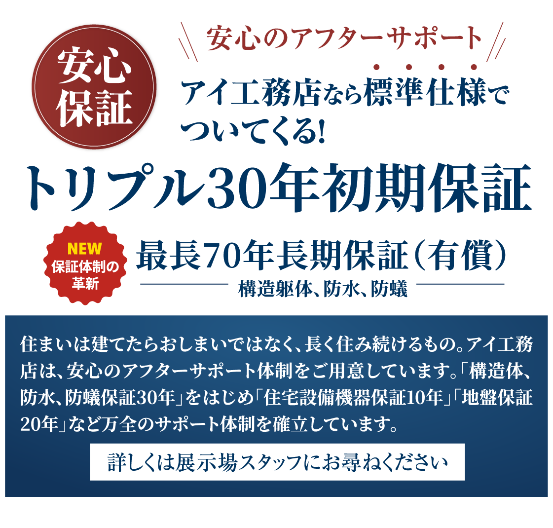アイ工務店なら標準仕様でついてくる！トリプル30年初期保証
